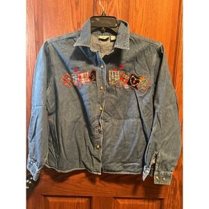 VTG Cabin Creek Denim LS Shirt Patchwork Quilt Heart Embroidered  Button Up PXL